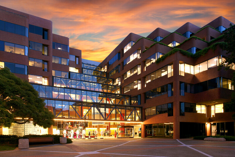 modern office complex at dusk