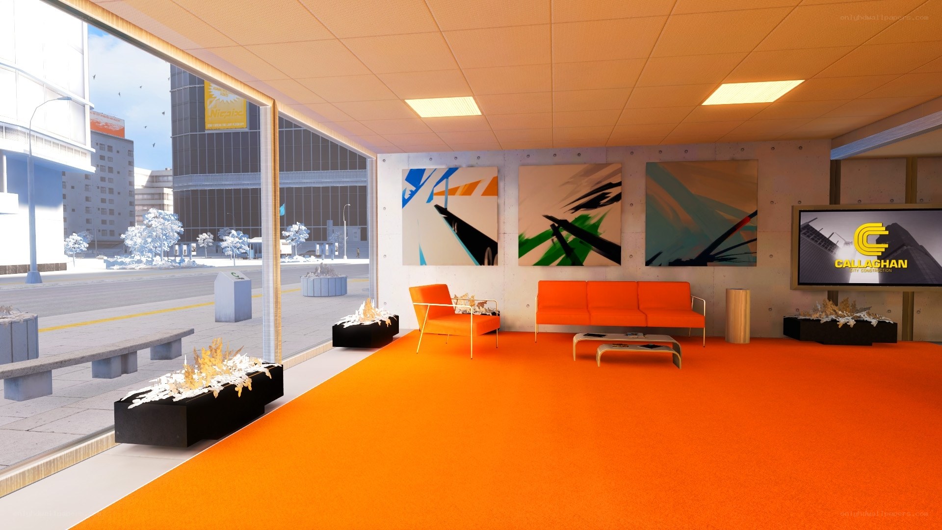 Modern office lobby with orange decor