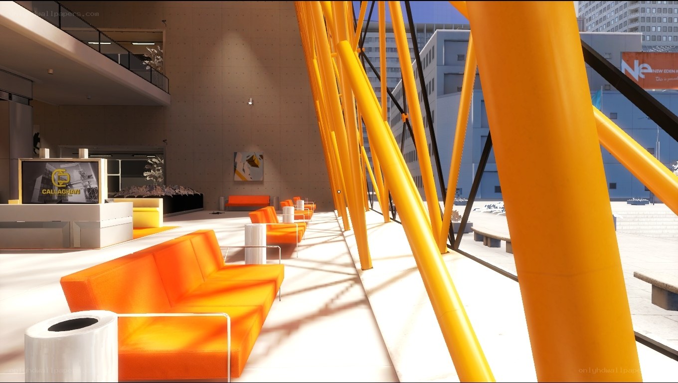 Modern office lobby with orange seating