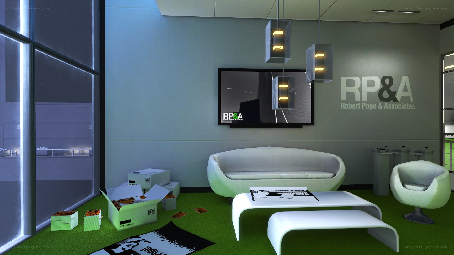 Modern office lounge with green carpet
