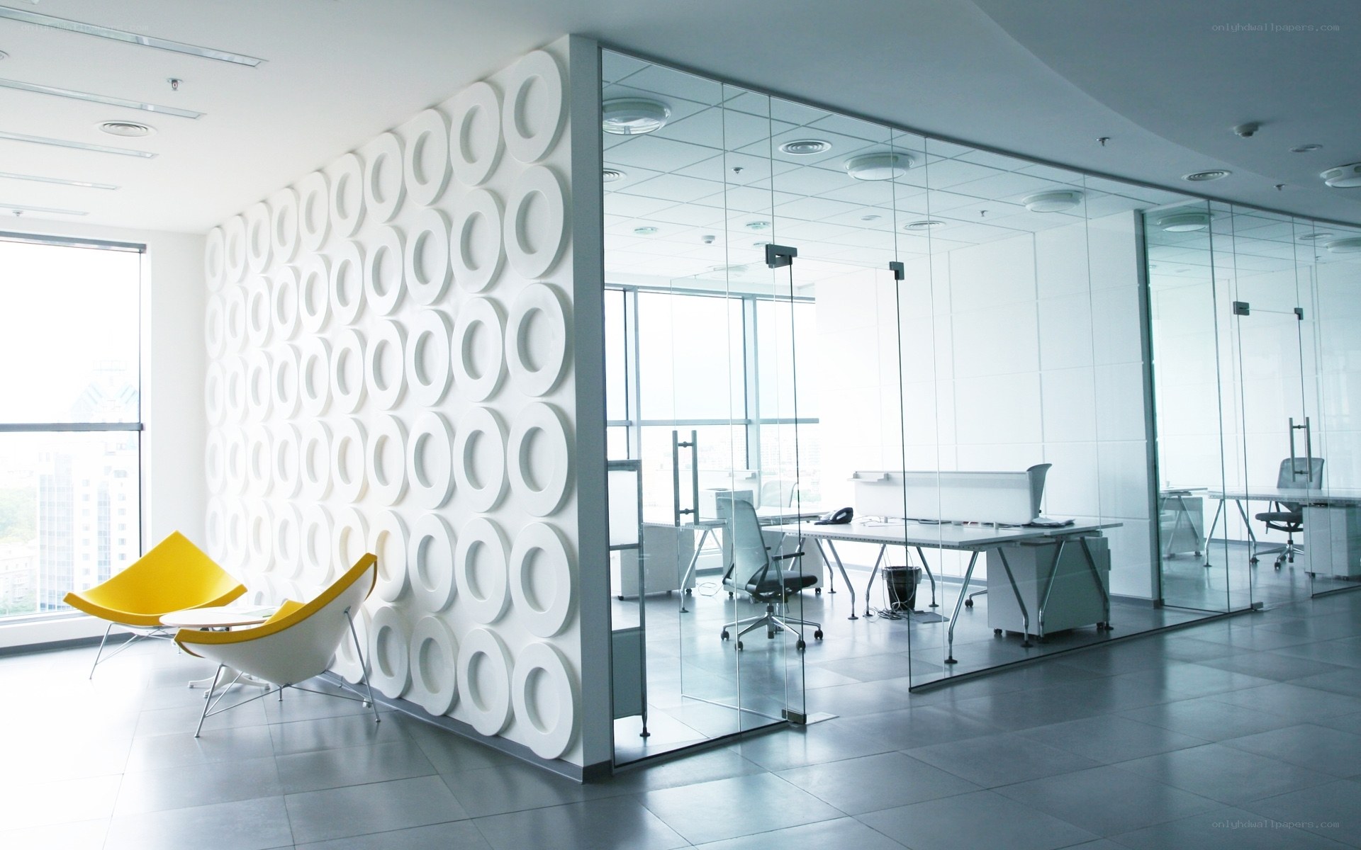 Modern office with yellow chairs