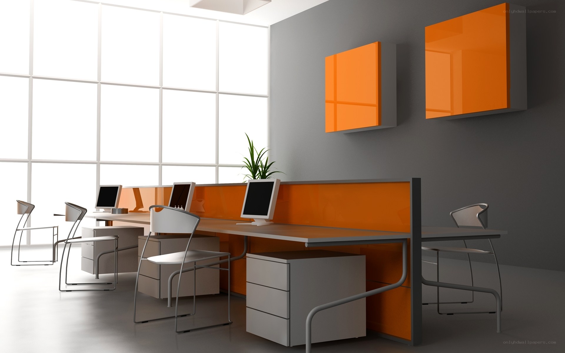 Modern office workspace with orange accents