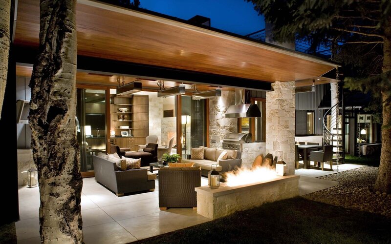 Modern outdoor living space at night
