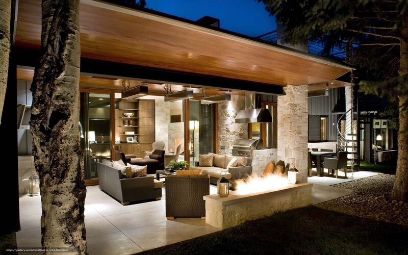 Modern outdoor living space at night