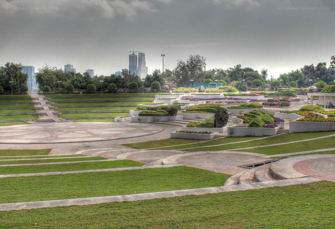 Modern park with city skyline