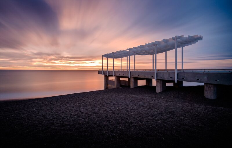 Modern Pier at Sunset — Purple