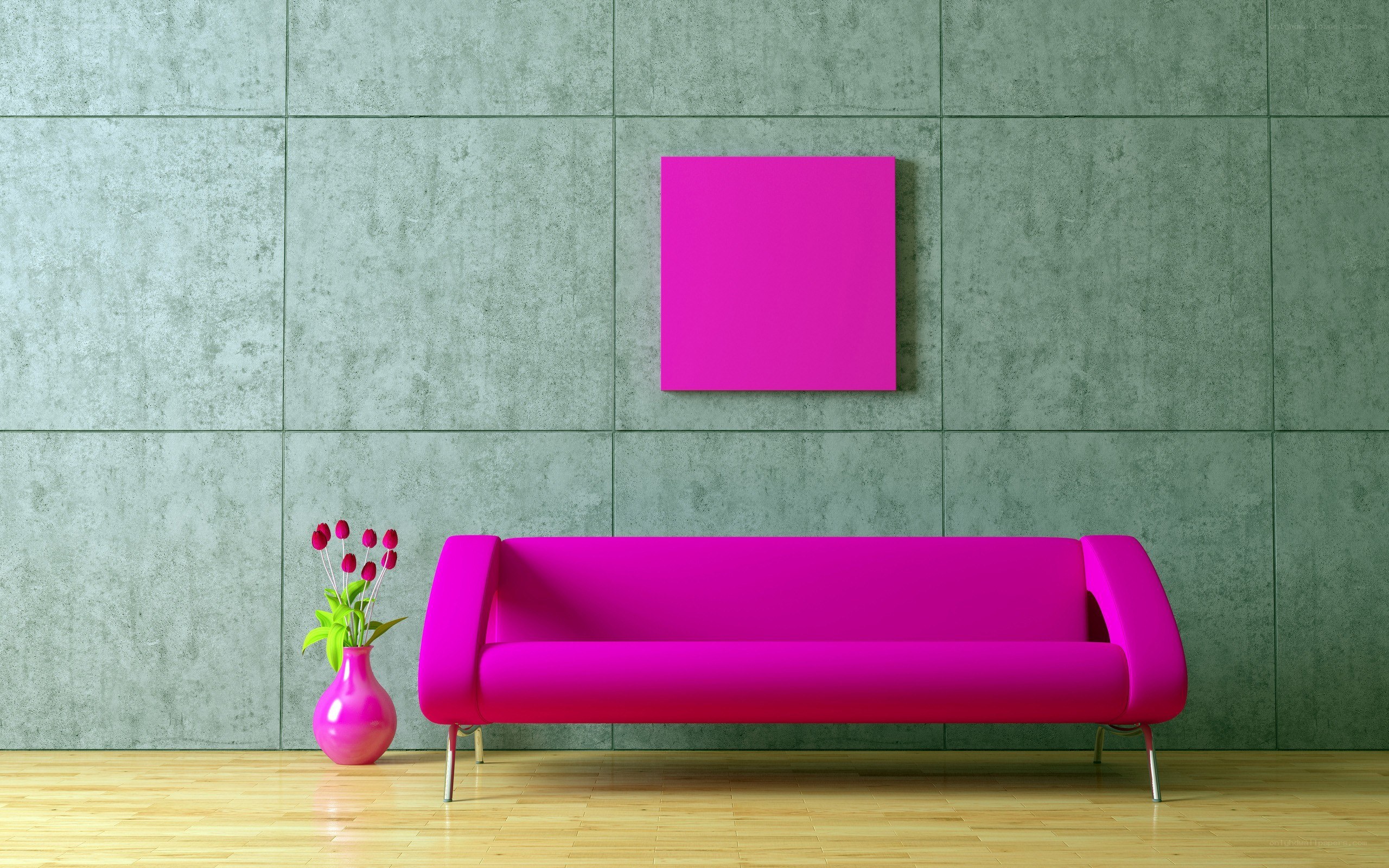 Modern pink sofa in concrete room