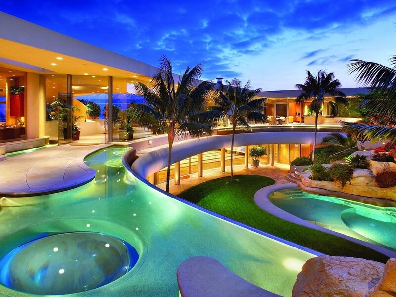 Modern Pool Complex — Blue, Serene, Night, Photograph