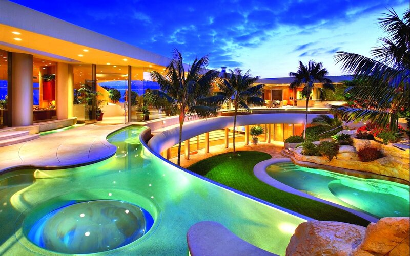 Modern Pool Complex — Blue, Serene, Night