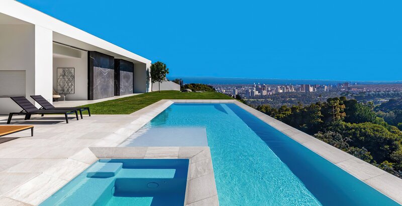 Modern Pool with City View — Blue