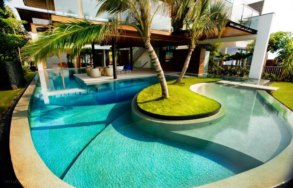 Modern pool with palm tree island