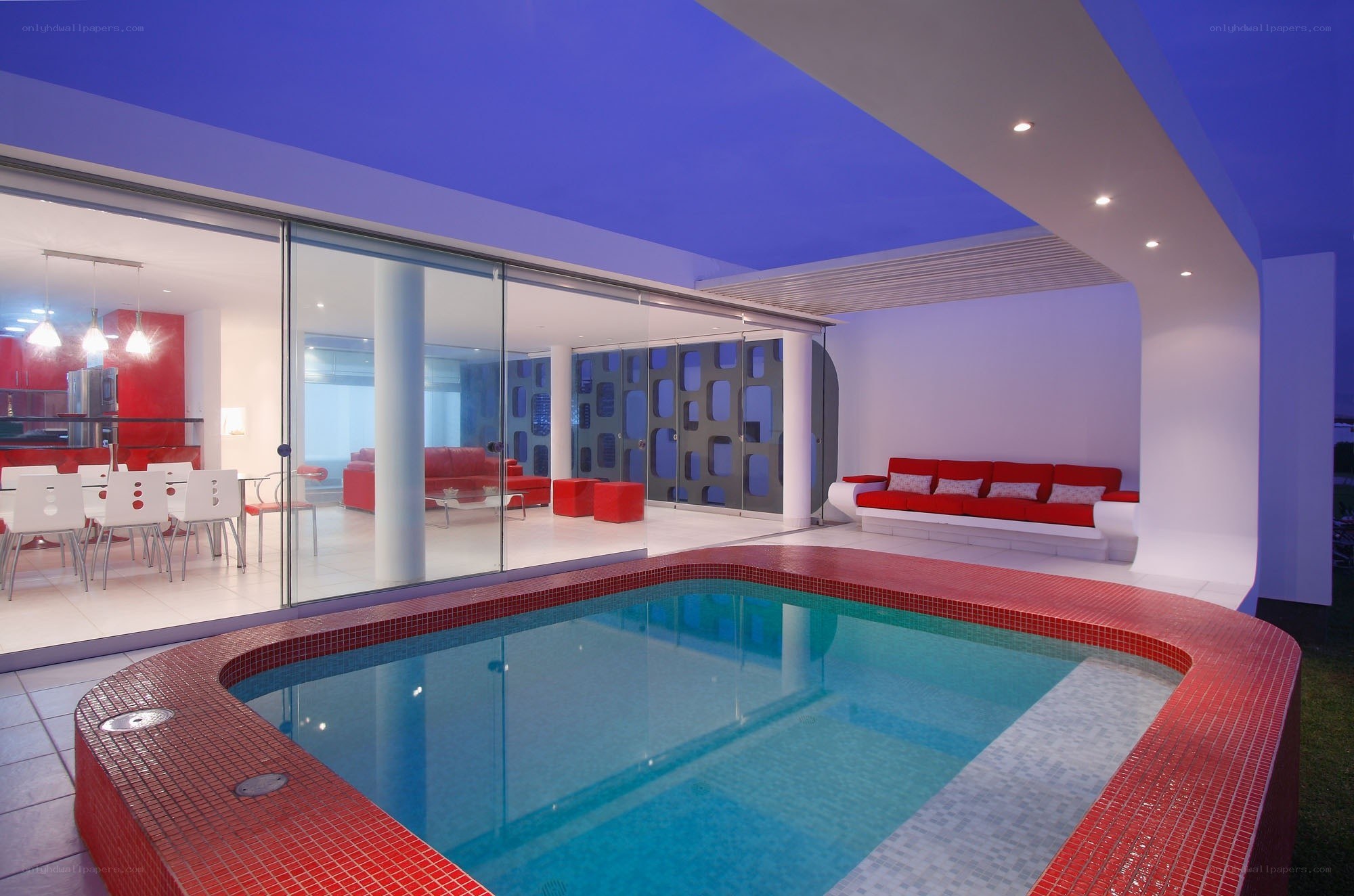 Modern pool with red accents