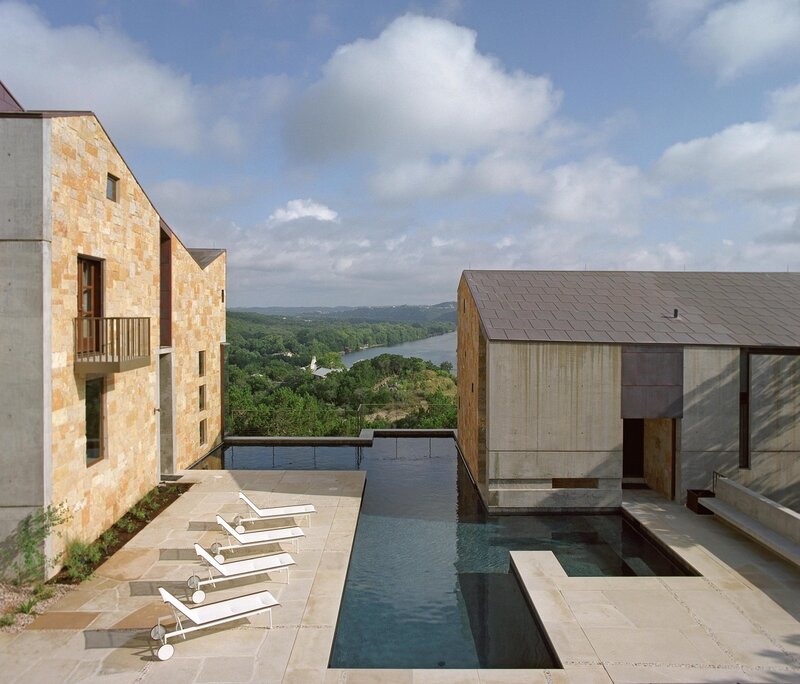 Modern pool with river view