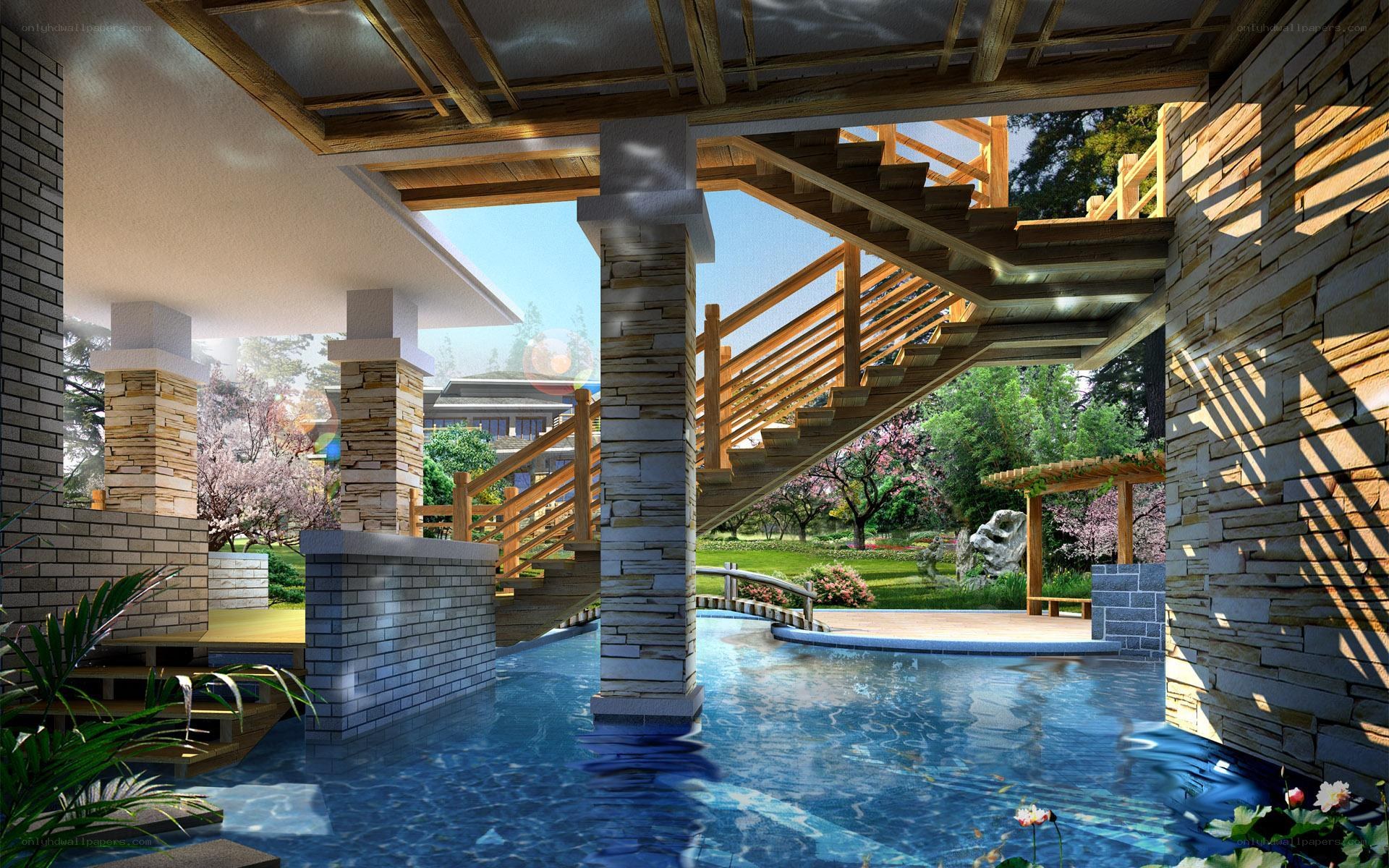 Modern pool with wooden staircase