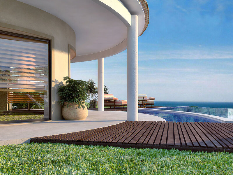 Modern poolside villa with ocean view