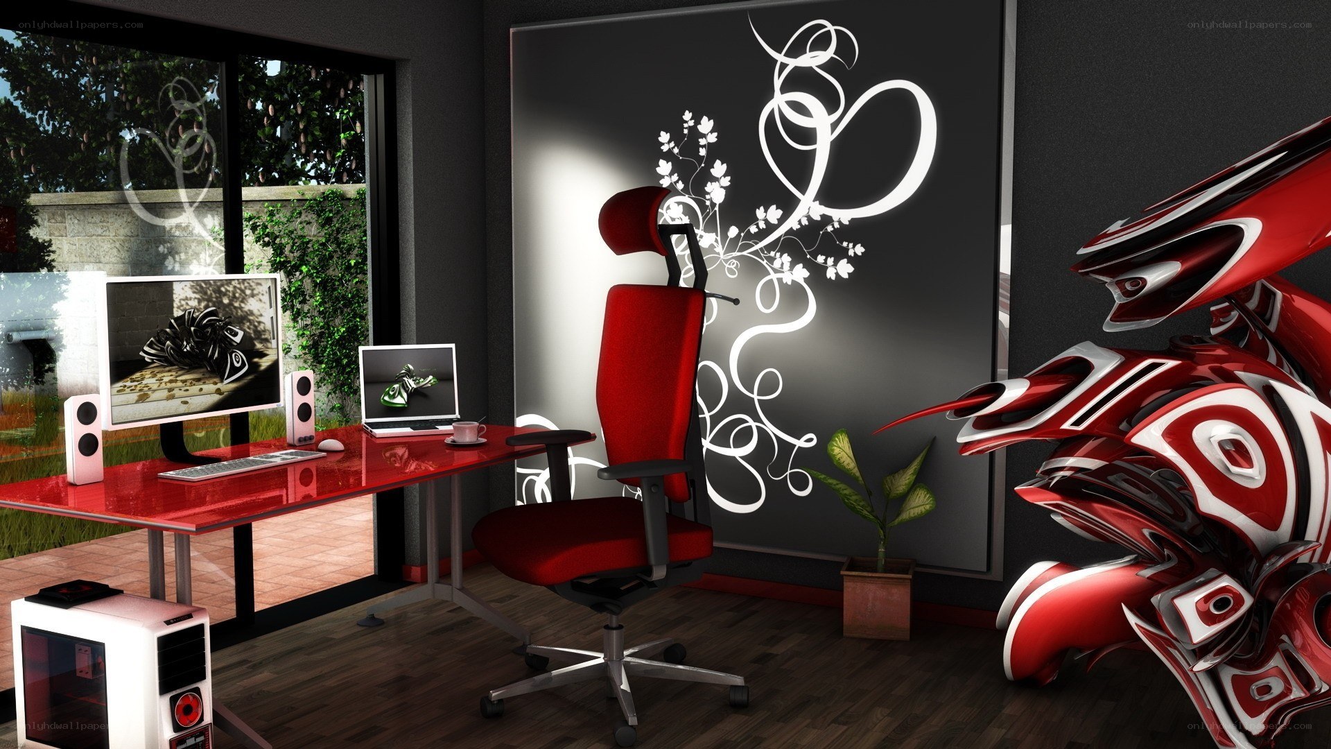 Modern red and black home office