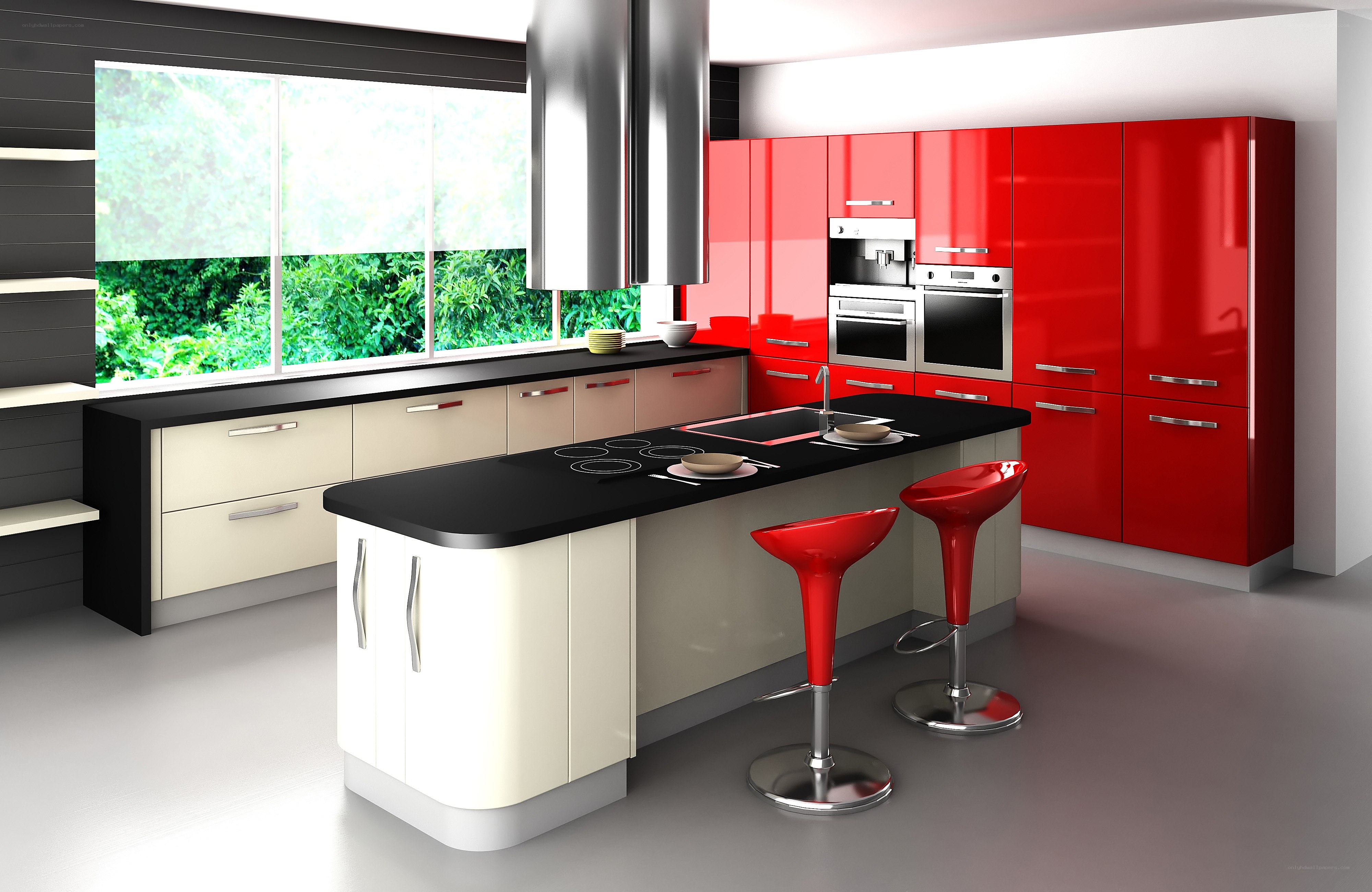 Modern red and cream kitchen