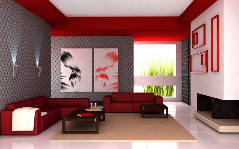 Modern red and gray living room