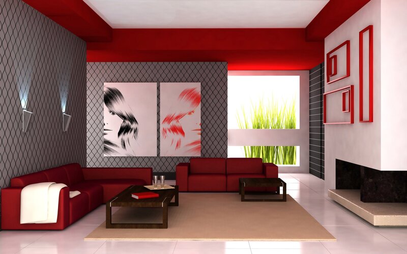 Modern red and gray living room