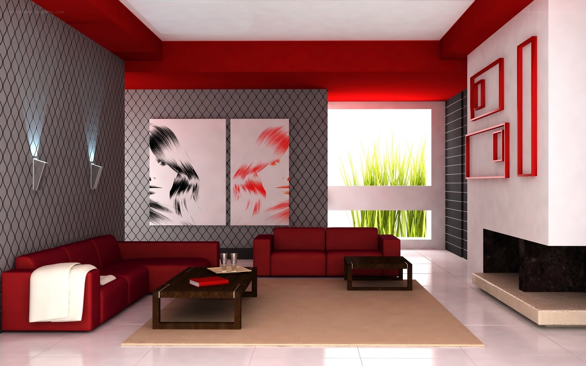 Modern red and gray living room