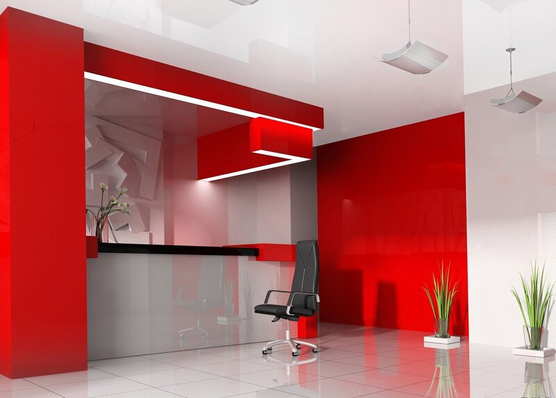 modern red and white office interior