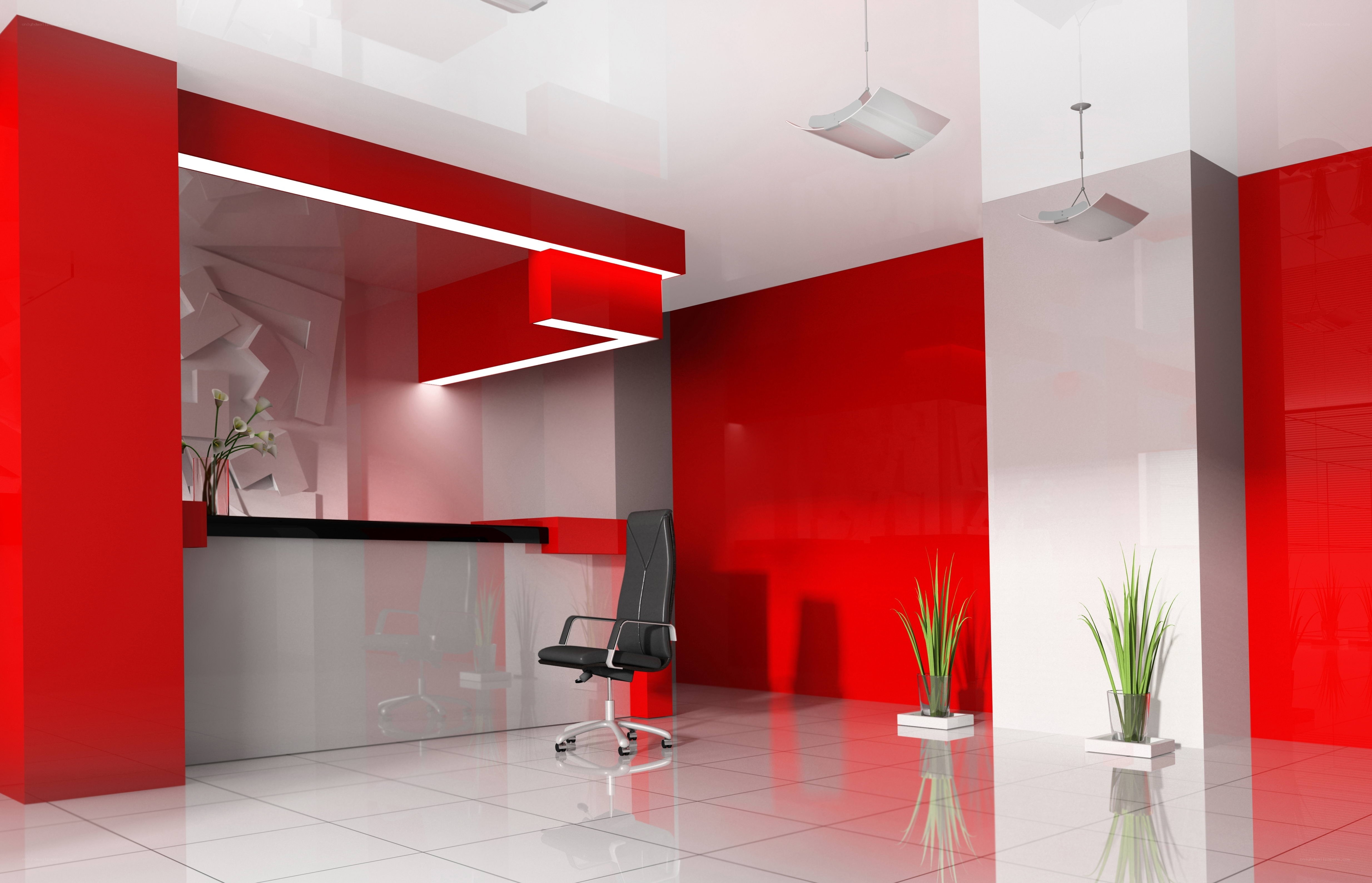 Modern red and white office interior