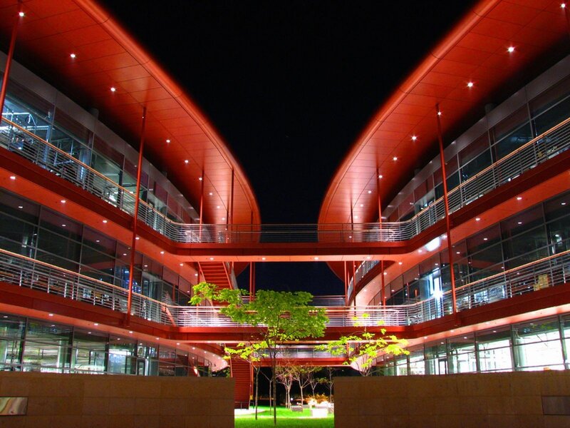 modern red building at night