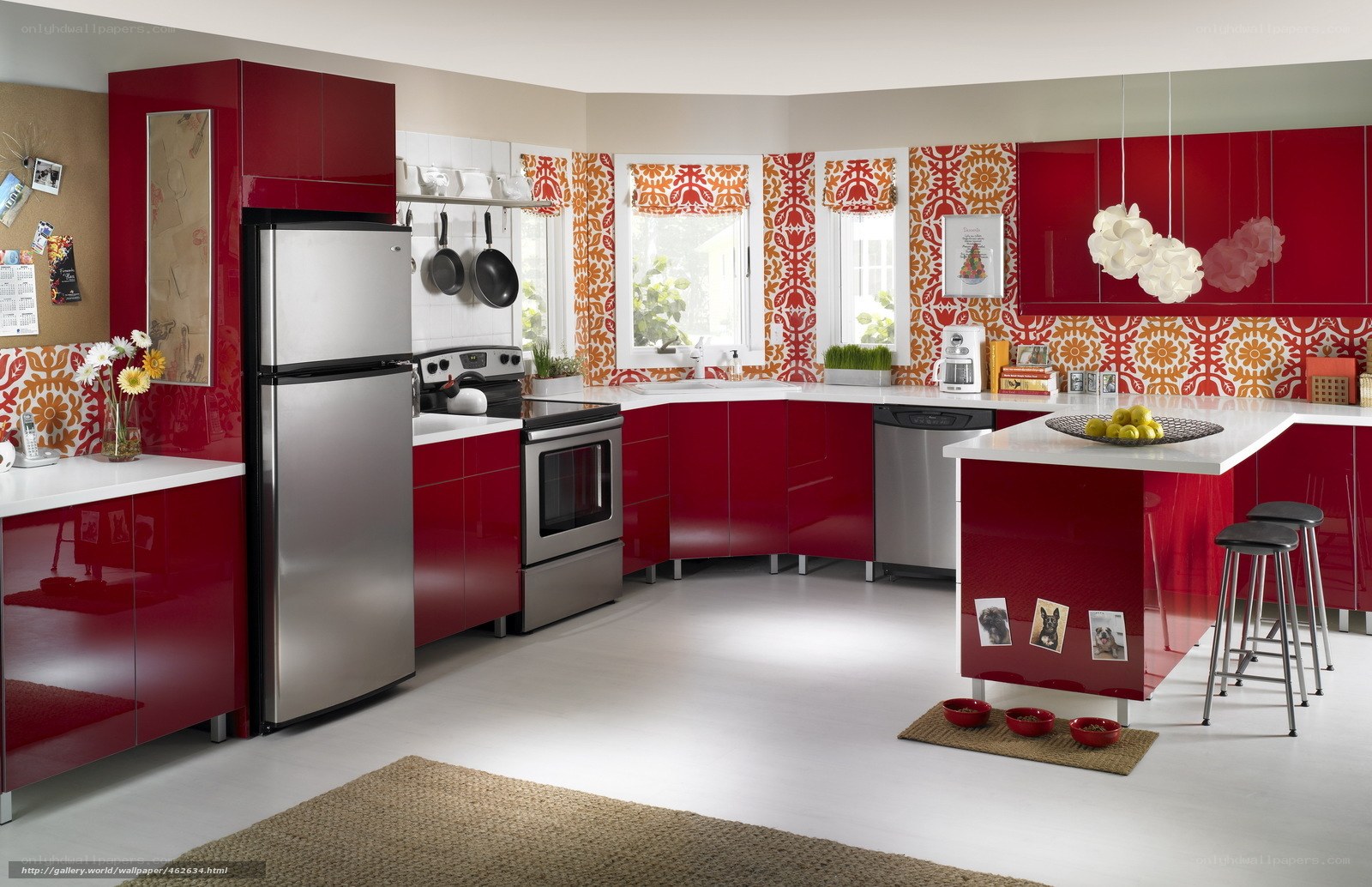 Modern red kitchen with island