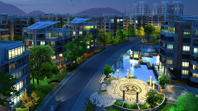 Modern residential complex at night