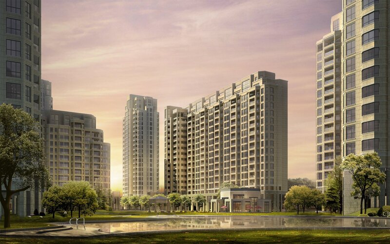 Modern residential complex at sunset