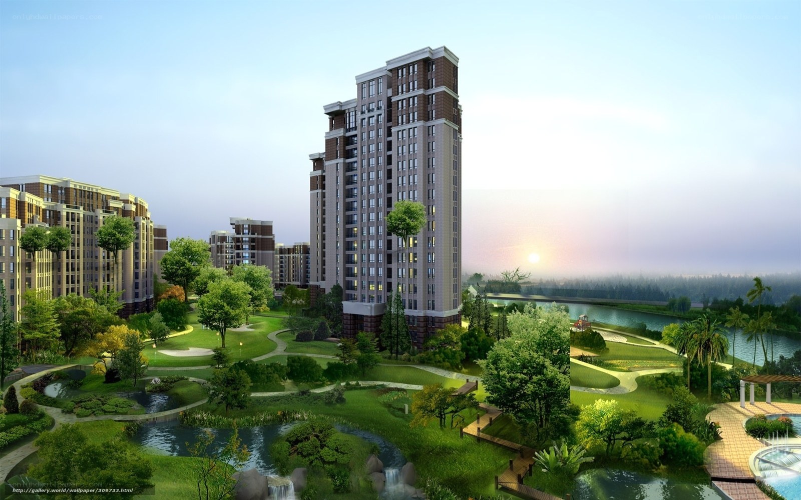 Modern residential complex with gardens