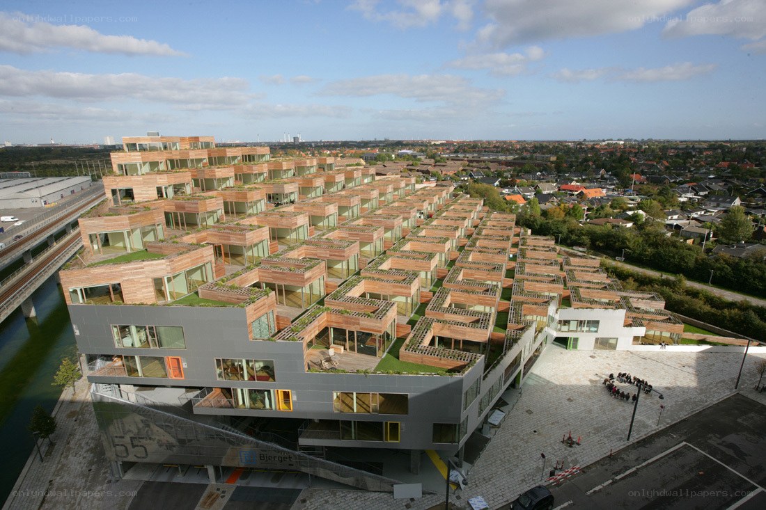 Modern residential complex with green roofs