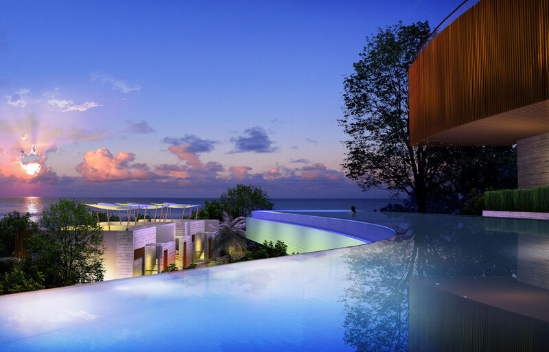 Modern resort at sunset