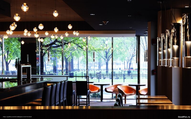 Modern restaurant interior with large windows