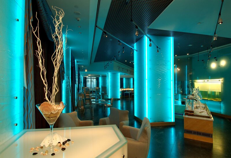 modern restaurant with blue lighting