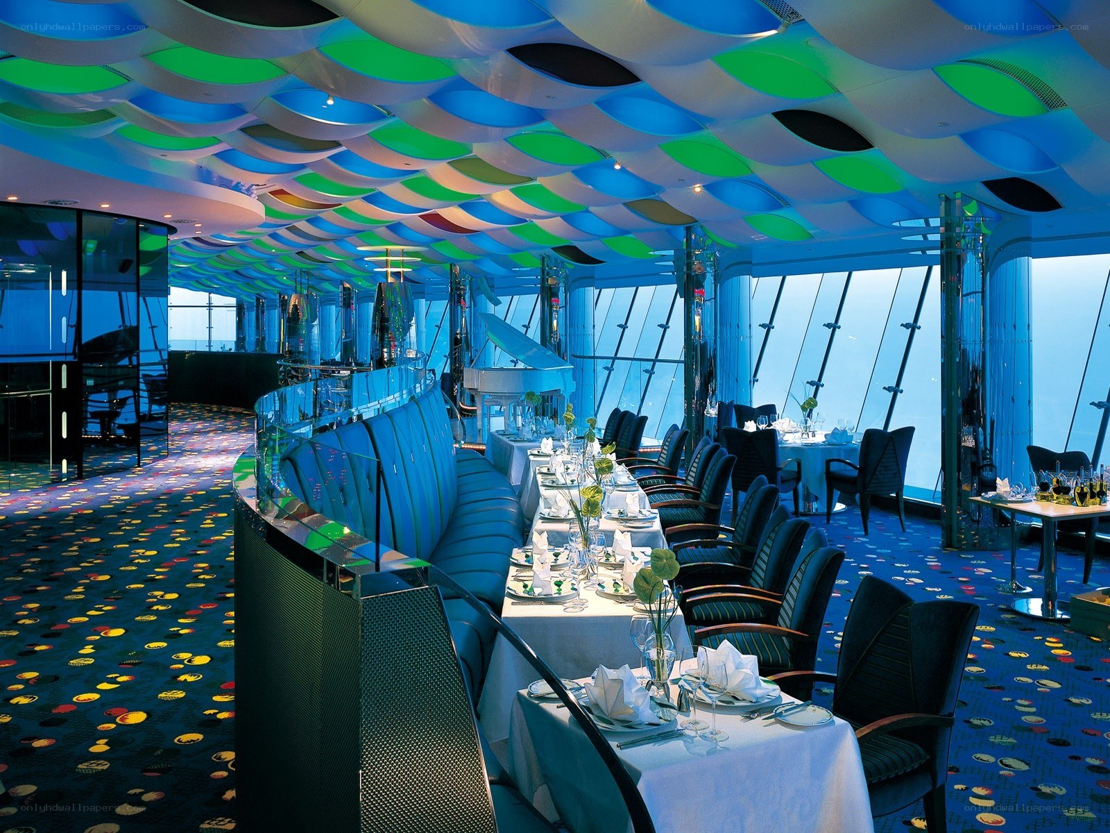 modern restaurant with colorful ceiling