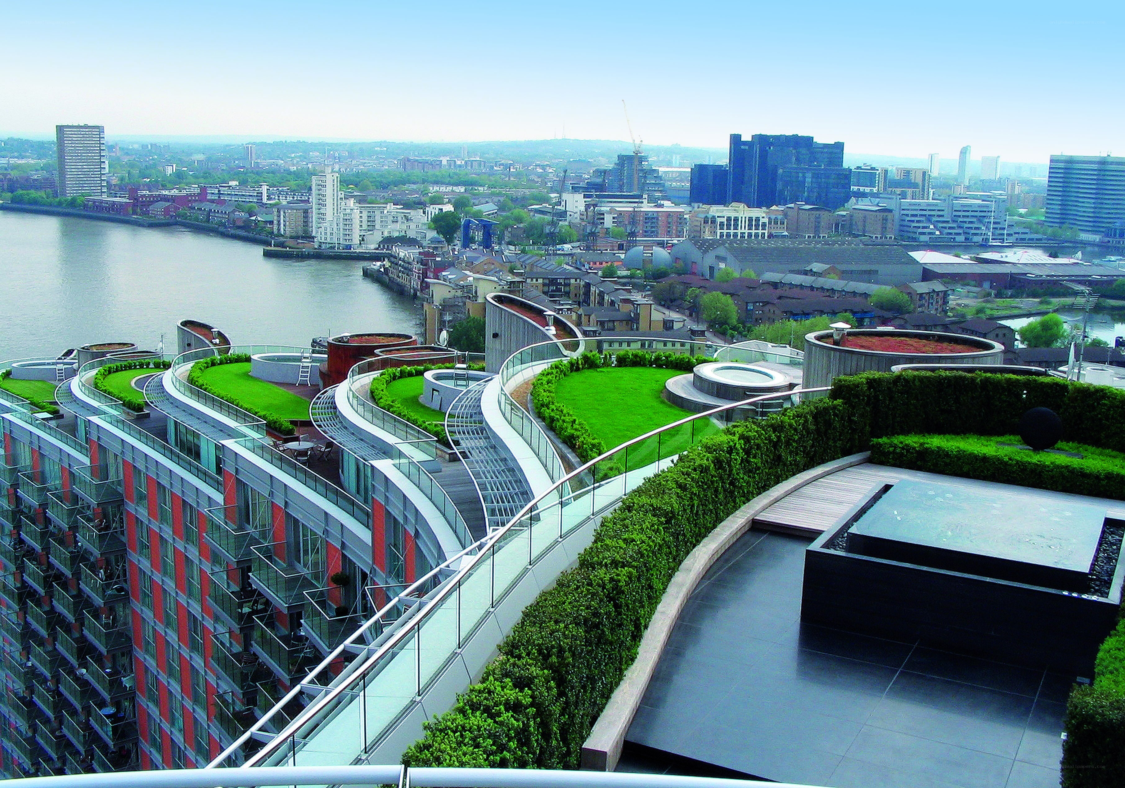 Modern rooftop garden with city view