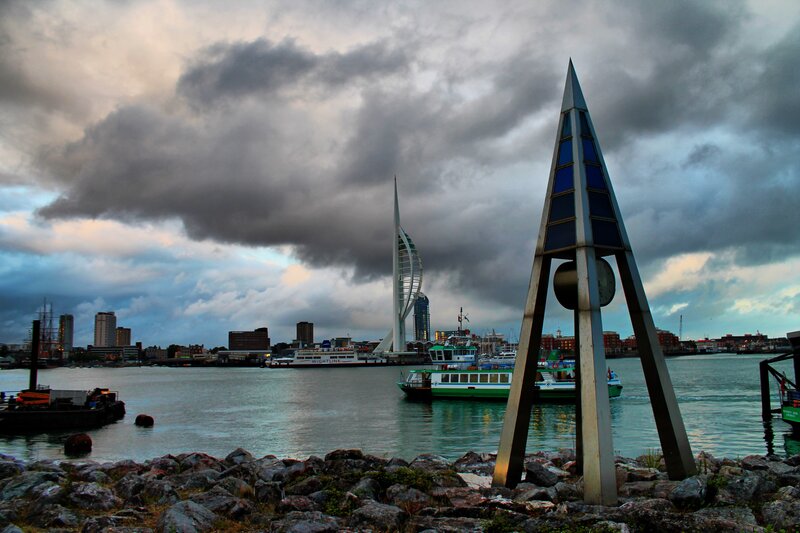 Modern Sculpture by Water — Gray