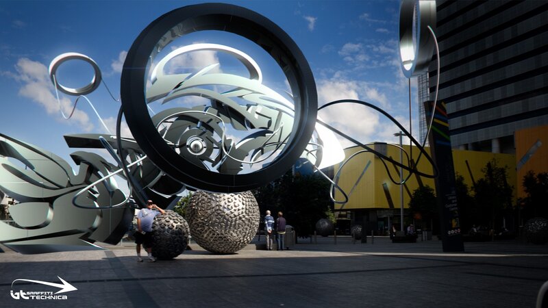 modern sculpture in city plaza