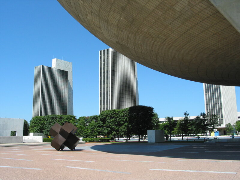 Modern sculpture in urban plaza