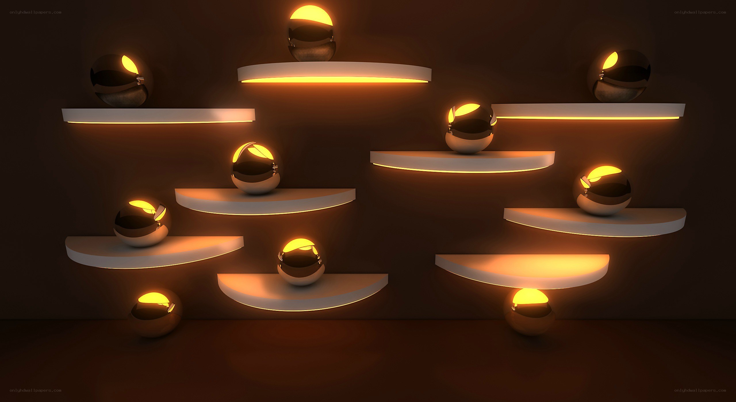 Modern shelf display with glowing orbs