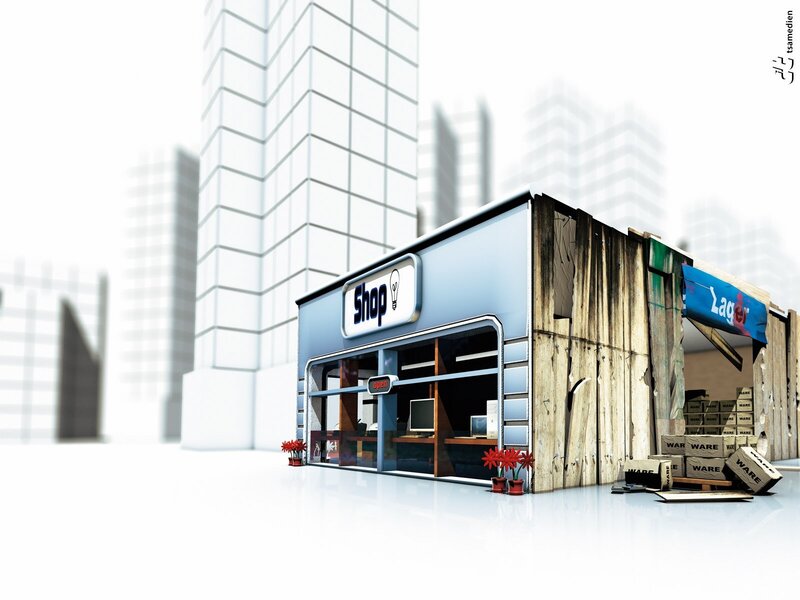 Modern shop with wooden shed