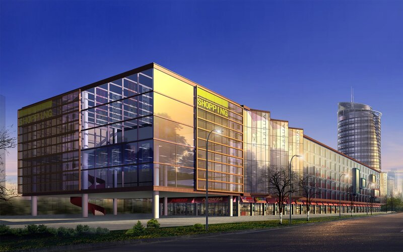Modern shopping complex at dusk