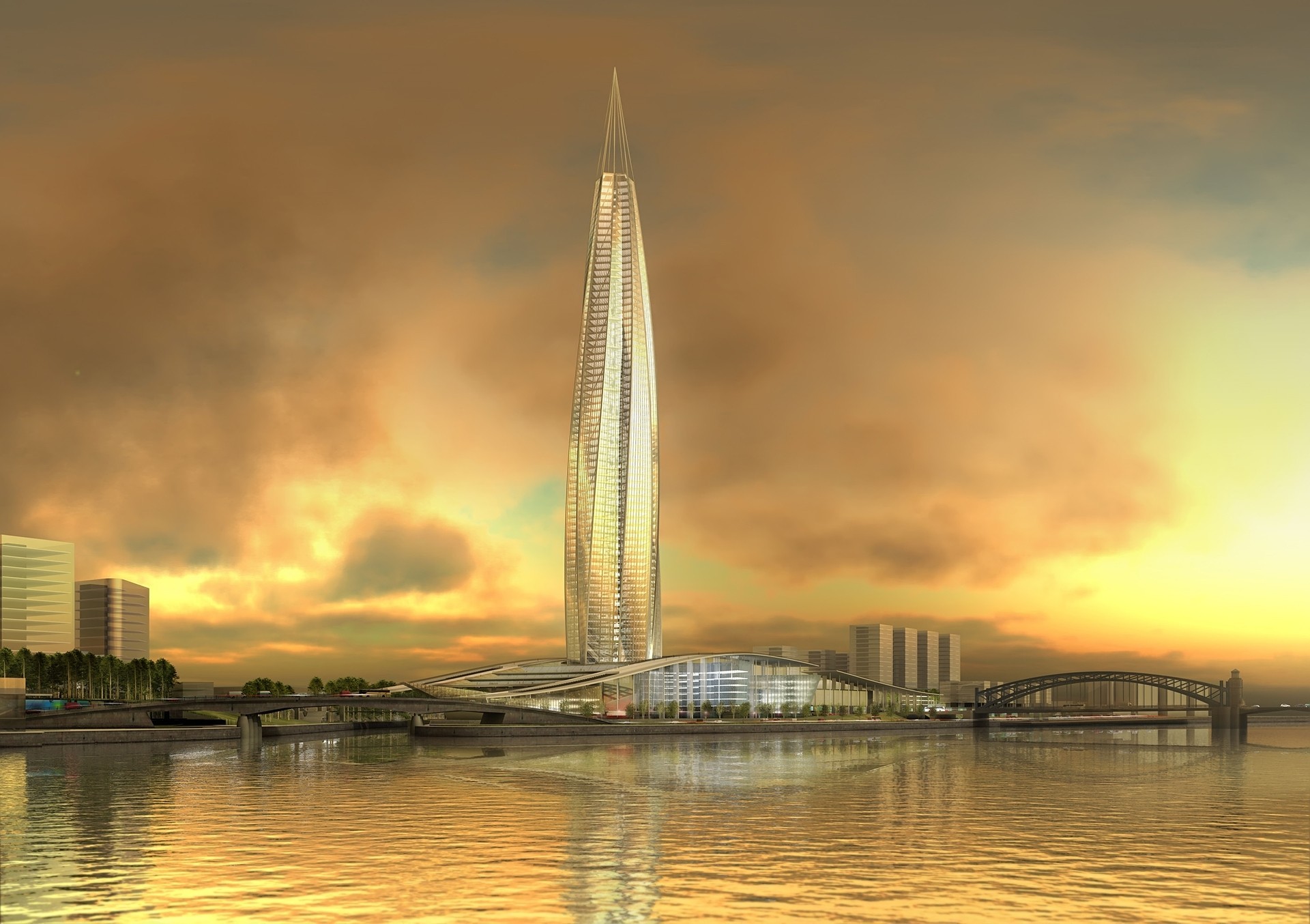 modern skyscraper at sunset
