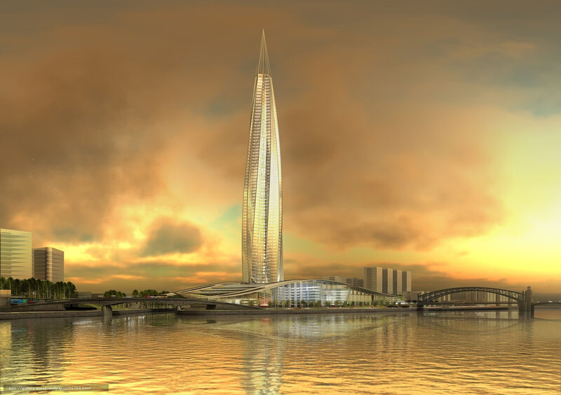 Modern skyscraper at sunset
