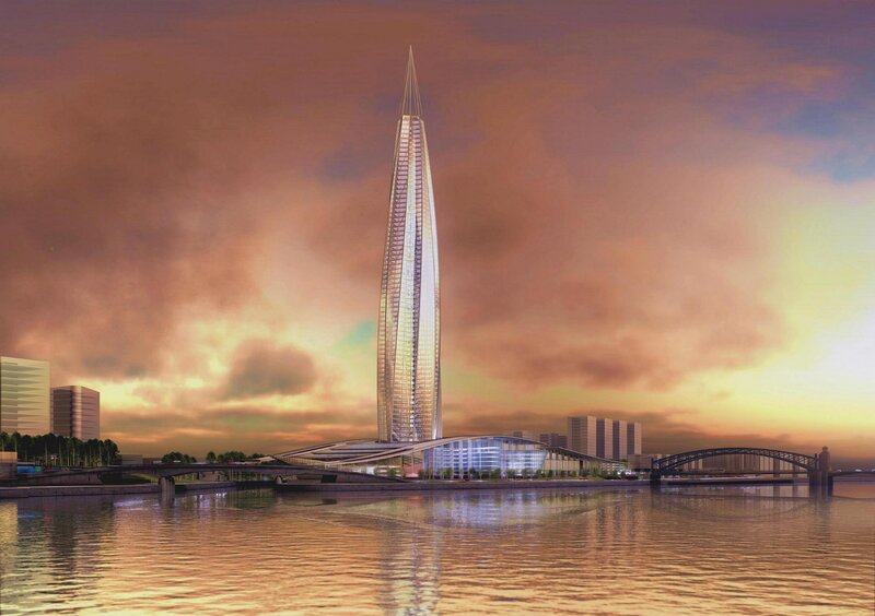 modern skyscraper by river