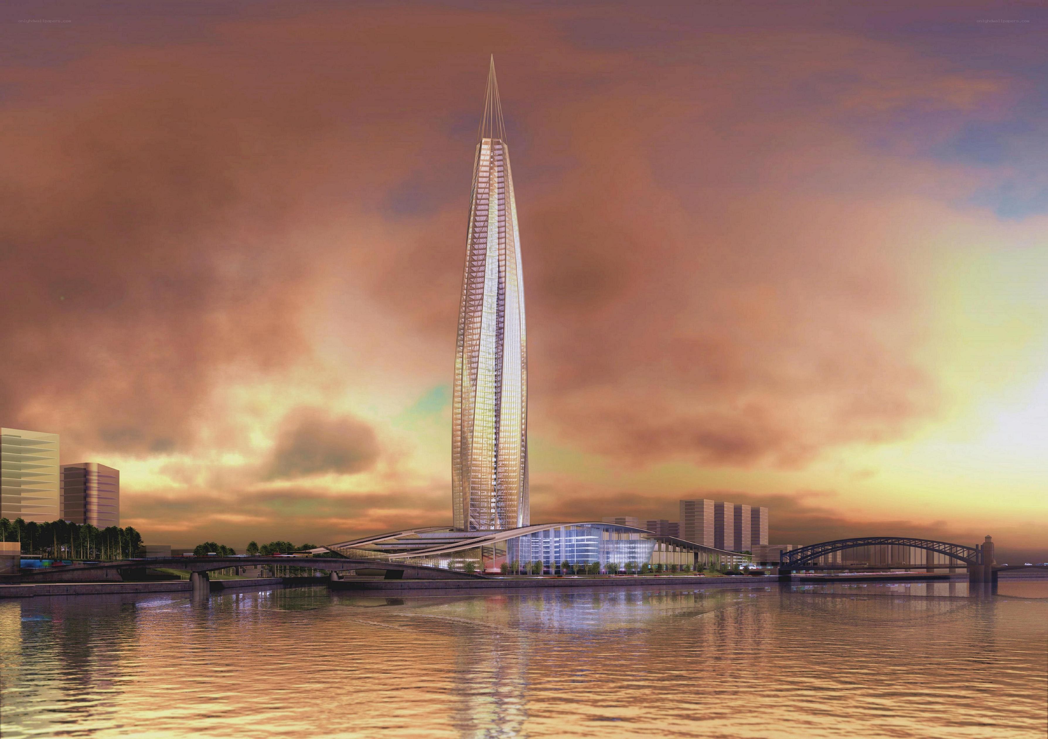 modern skyscraper by river