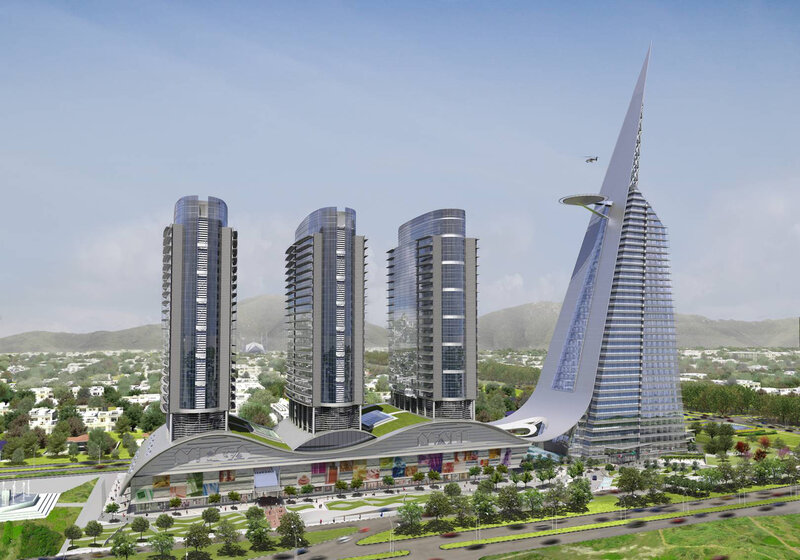 Modern skyscraper complex with mall