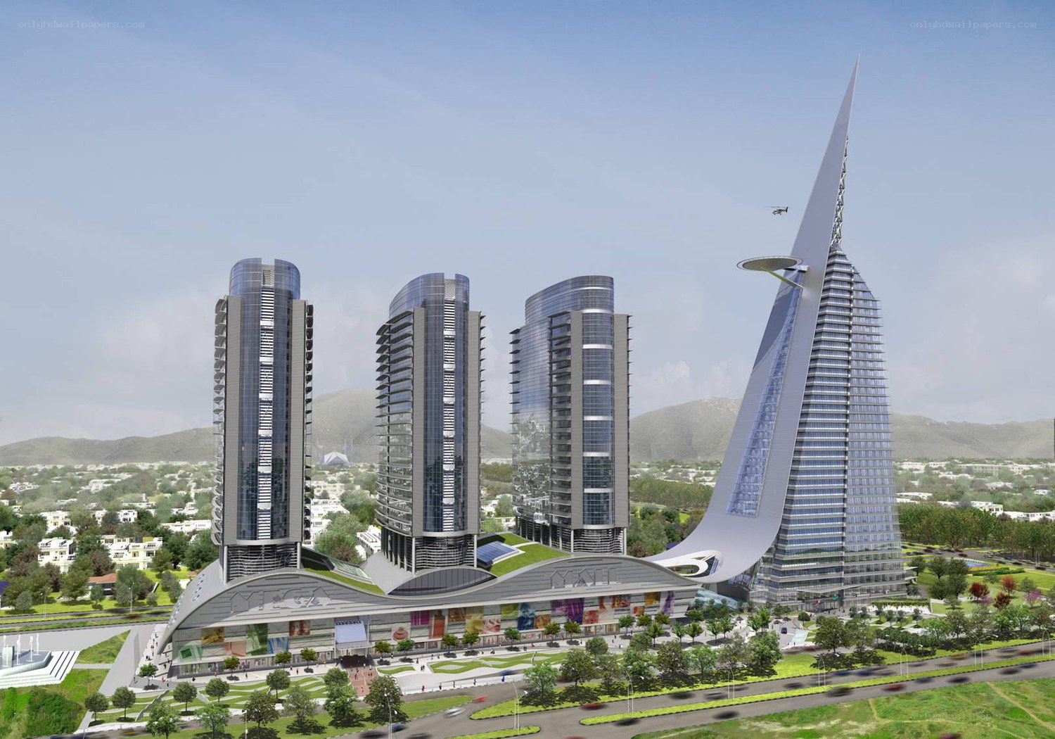 Modern skyscraper complex with mall