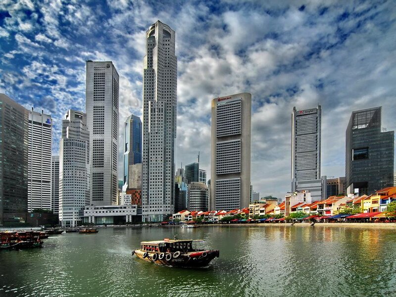 Modern Skyscrapers and River — Blue